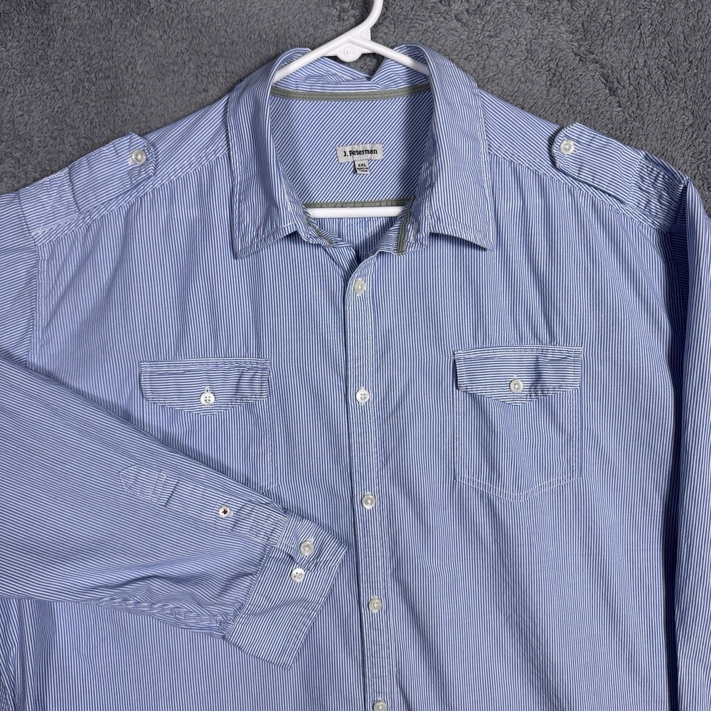 J Peterman Shirt Mens XXL 2XL Safari Utility Hickory Stripe LS Epaulettes Field